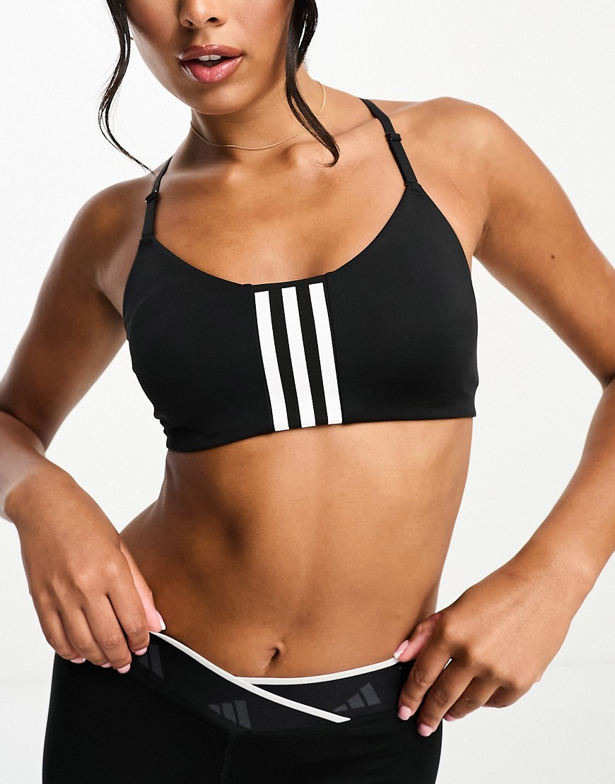 adidas Training Train icons low support 3 stripe sports bra in black