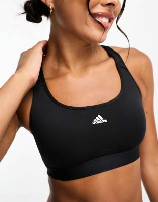 adidas Training Train icons medium support 3 stripe sports bra in black - ASOS Price Checker