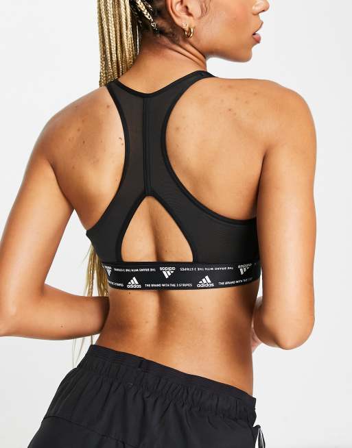 adidas Training Train icons medium support 3 stripe sports bra in black, 2 of 4