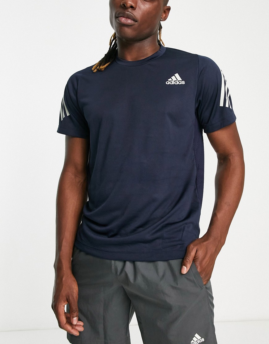 Adidas Training Train Icons striped sleeve T-shirt in navy