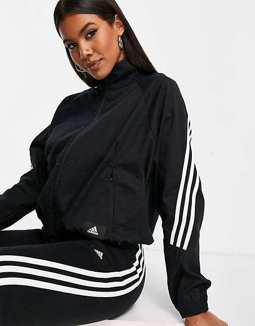 Women adidas Training woven jacket with three stripes in black 