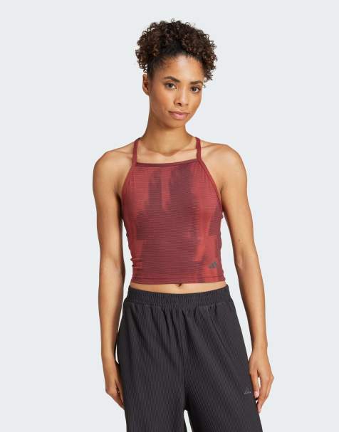 adidas Training – Yoga – Bordowy top bez rękawów z paskami na plecach i wzorem - view 1