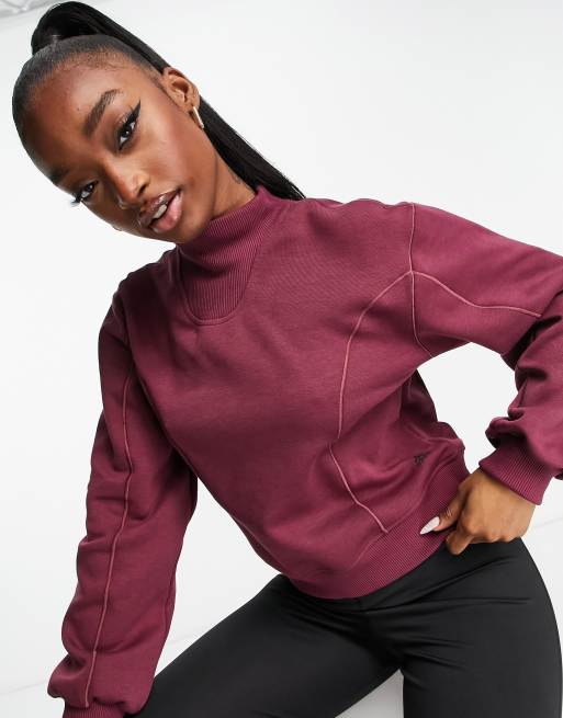 adidas Training yoga mock neck crew sweatshirt in burgundy