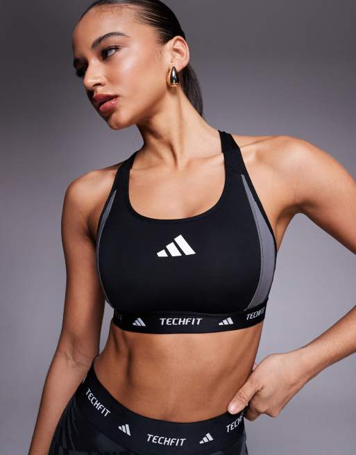 adidas – Träning – Tech Fit – Svart, blockfärgad sportbehå med medelstöd, 3 av 4