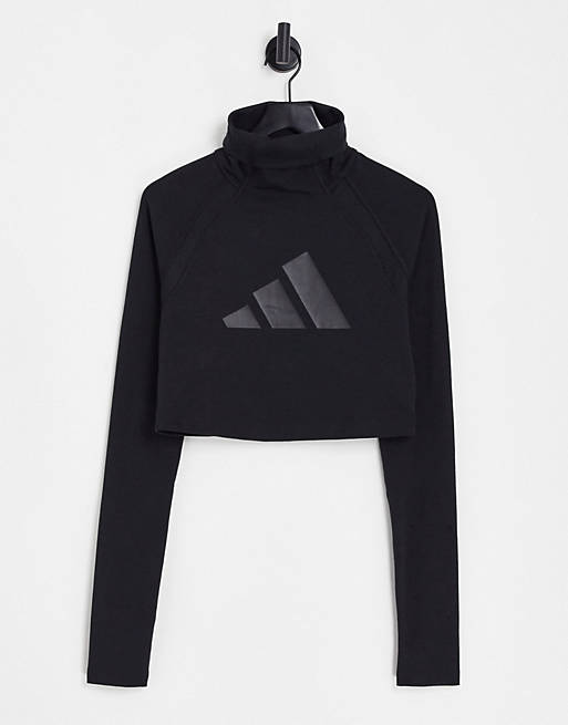 Women adidas turtle neck cropped long sleeve top with large logo in black 