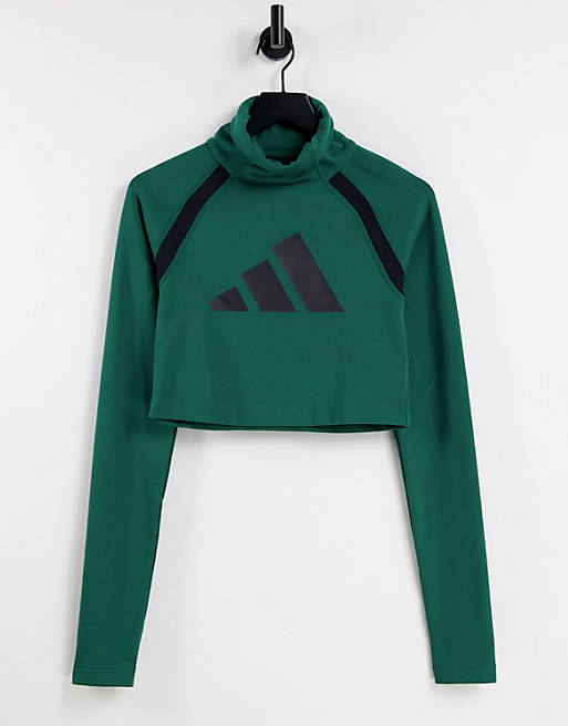 adidas turtle neck cropped long sleeve top with large logo in green 