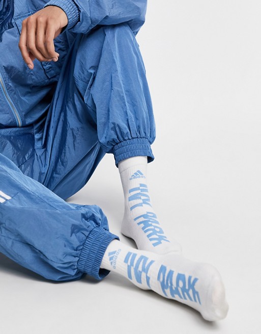 adidas x IVY PARK 3 pack crew socks in white and light blue