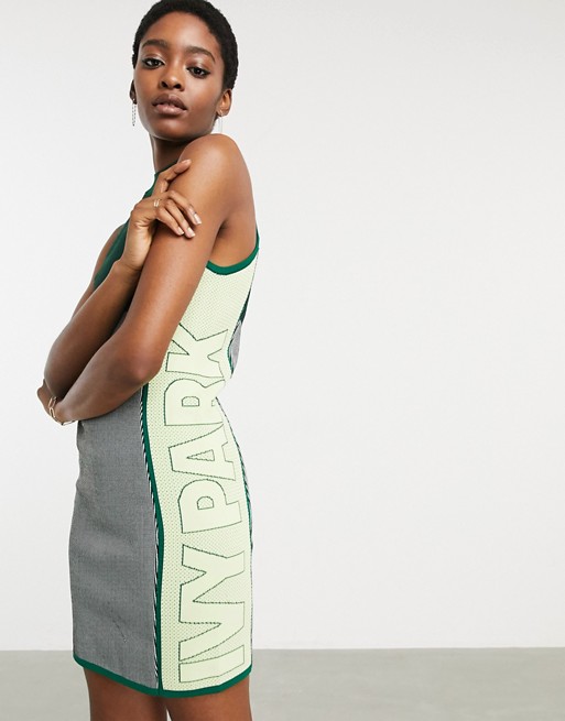 adidas x IVY PARK knitted midi dress in dark green with high neck