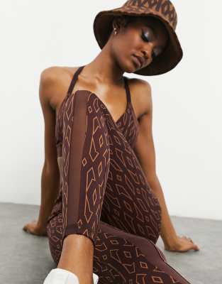 Ivy Park Adidas X Monogram Sheer Panel Leggings In Wild Brownred