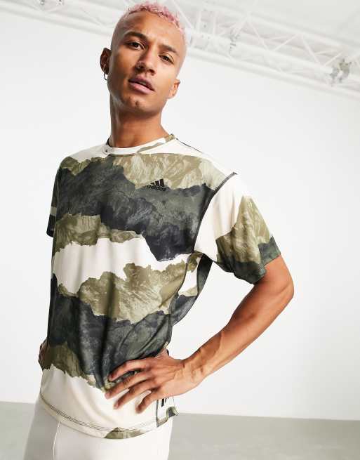 adidas Yoga t-shirt with ink print in white and khaki, 2 of 4