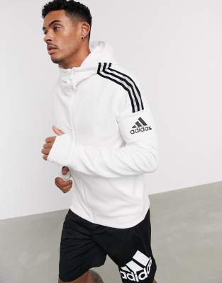 adidas - ZNE 3 - Felpa bianca con cappuccio, zip e strisce blu-Bianco