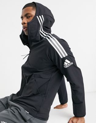 adidas running 3 stripe zip thru jacket in black