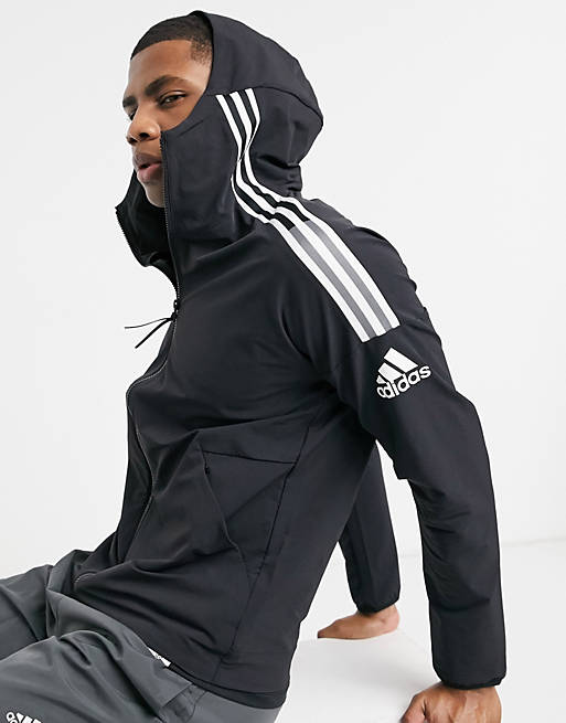 Adidas Zne 3 Stripe Zip Thru Hoodie In Black Asos