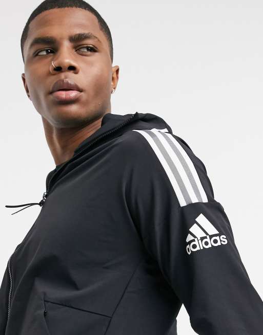 Adidas originals three stripe sale zip thru hoodie in black