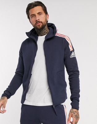 adidas ZNE 3 stripe zip thru hoodie in navy