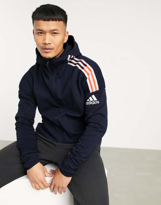 Adidas 3 stripe hot sale zip through hoody