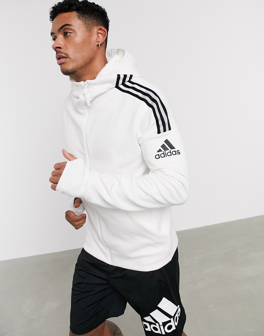 Adidas ZNE 3 stripe zip thru hoodie in white