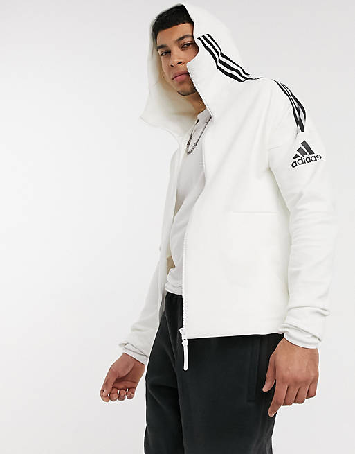 Adidas Zne 3 Stripe Zip Thru Hoodie In White Asos