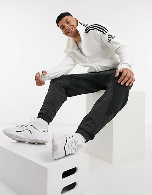 Adidas Zne 3 Stripe Zip Thru Hoodie In White Asos