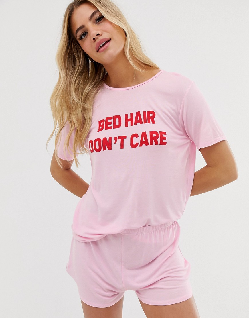 Adolescent Clothing - Pigiama composto da pantaloncini e T-shirt con scritta Bed Hair Don't Care-Rosa