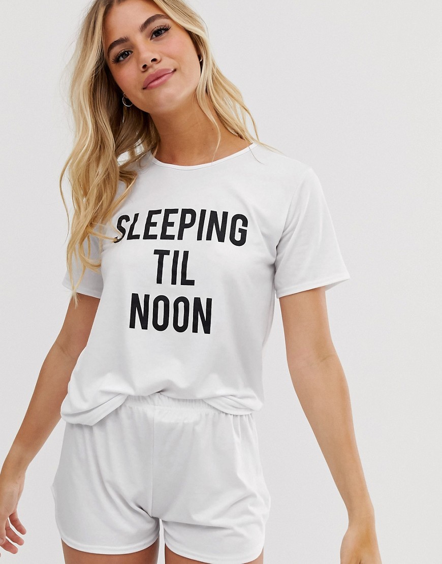 Adolescent Clothing - Pigiama T-shirt e pantaloncini con scritta sleeping til noon-Bianco