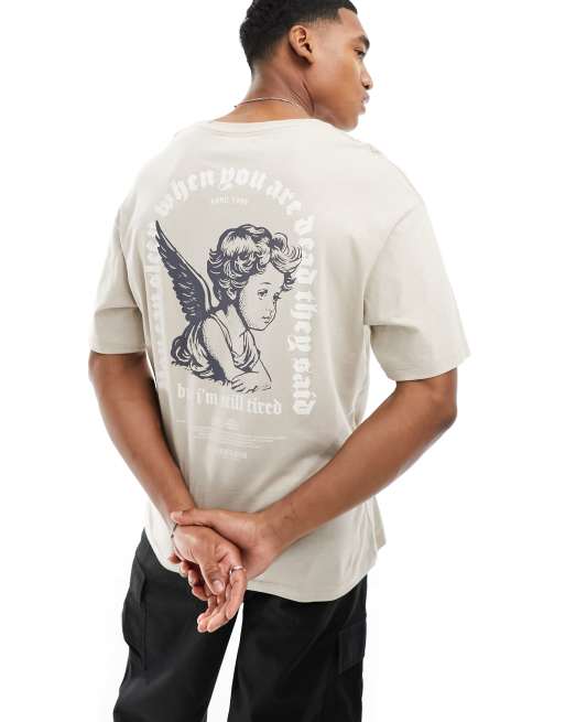 ADPT – Beżowy T-shirt oversize z nadrukiem anioła na plecach