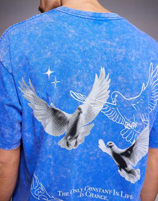 ADPT – Blå, tvättad t-shirt i oversize med fågeltryck baktill, 5 av 5