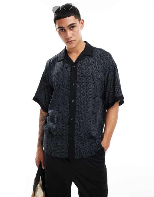 ADPT - Camicia grigia oversize con colletto con rever e stampa