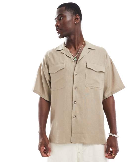 ADPT - Camicia oversize in misto lino beige con tasche