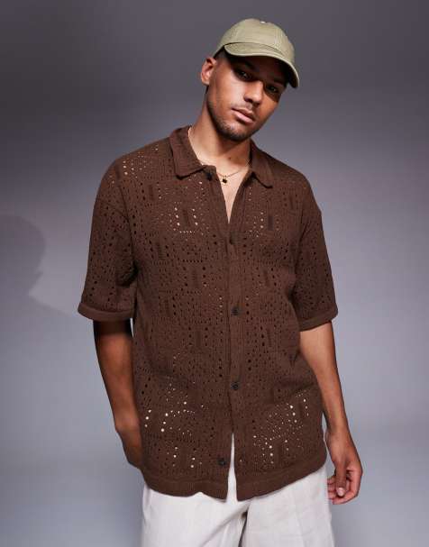 ADPT knitted crochet shirt in dark red