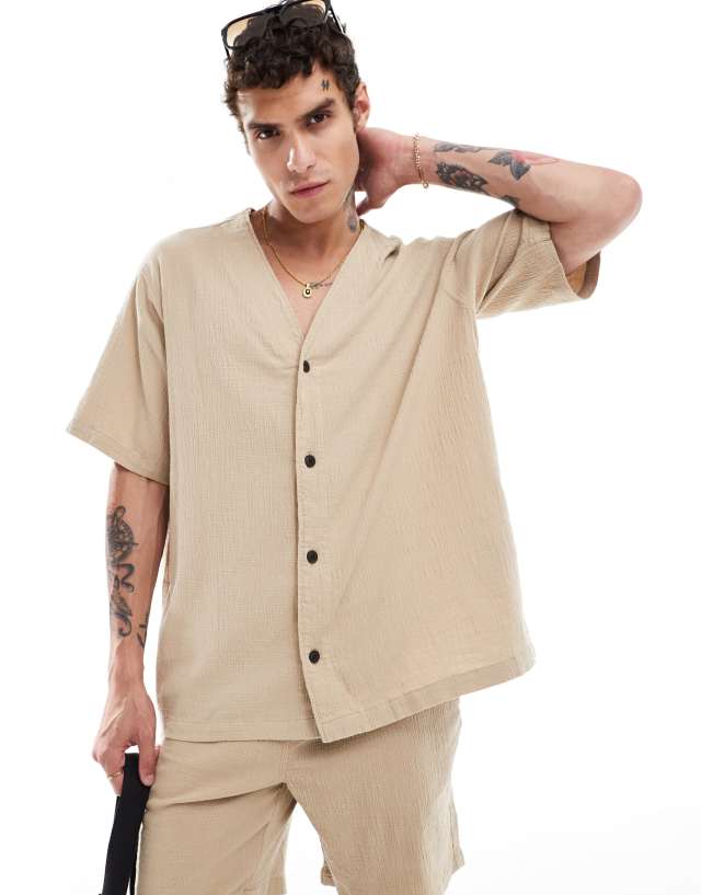 ADPT - co-ord oversized baseball crinkle shirt in beige