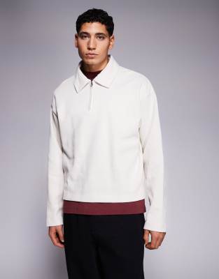 collared quarter zip sweatshirt in cream-White
