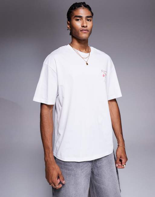 ADPT - Cremefarvet og oversized T-shirt med mørkerødt blomsterprint på ryggen, 3 af 4