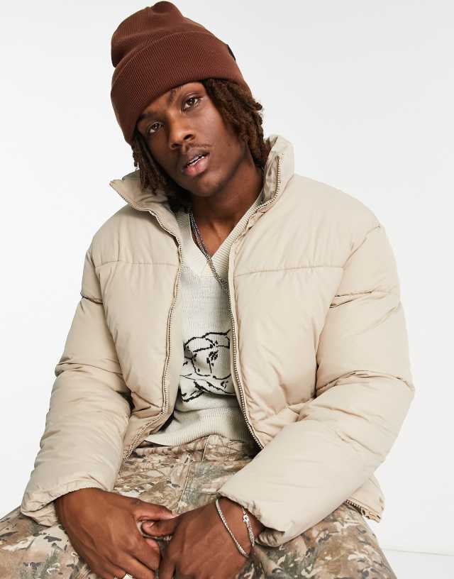 ADPT - cropped stand collar puffer jacket in beige