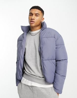 ADPT cropped stand collar puffer jacket in dusty blue