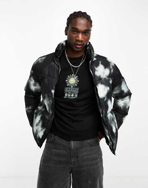 ADPT cropped stand collar puffer jacket tie dye print in black