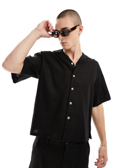 ADPT – Czarna koszula oversize z kołnierzykiem kubańskim z mieszanki lnu