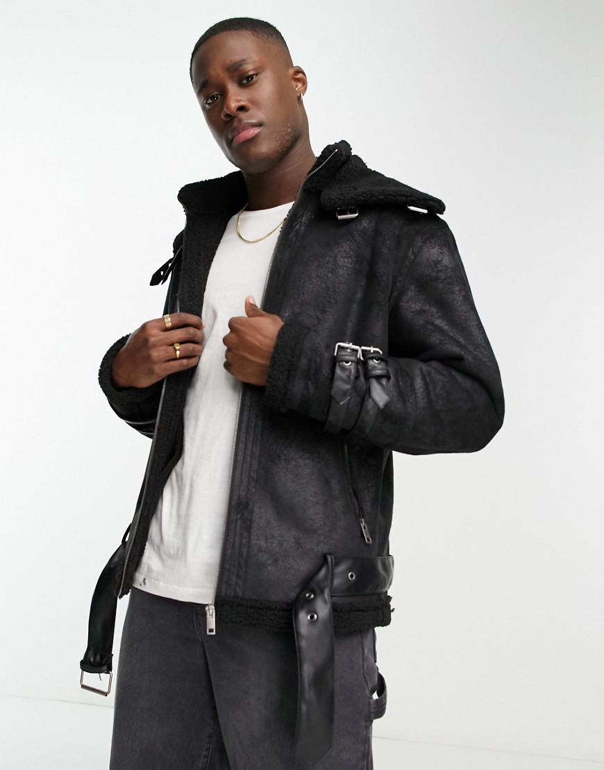 ADPT faux shearling aviator jacket with buckle detail in black