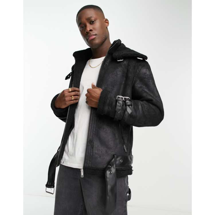 ADPT faux shearling aviator jacket with buckle detail in black