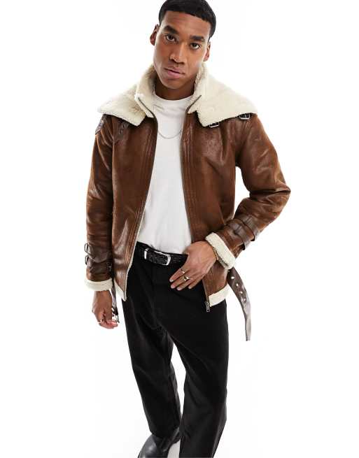 ADPT faux shearling aviator jacket with buckle detail in tan | ASOS