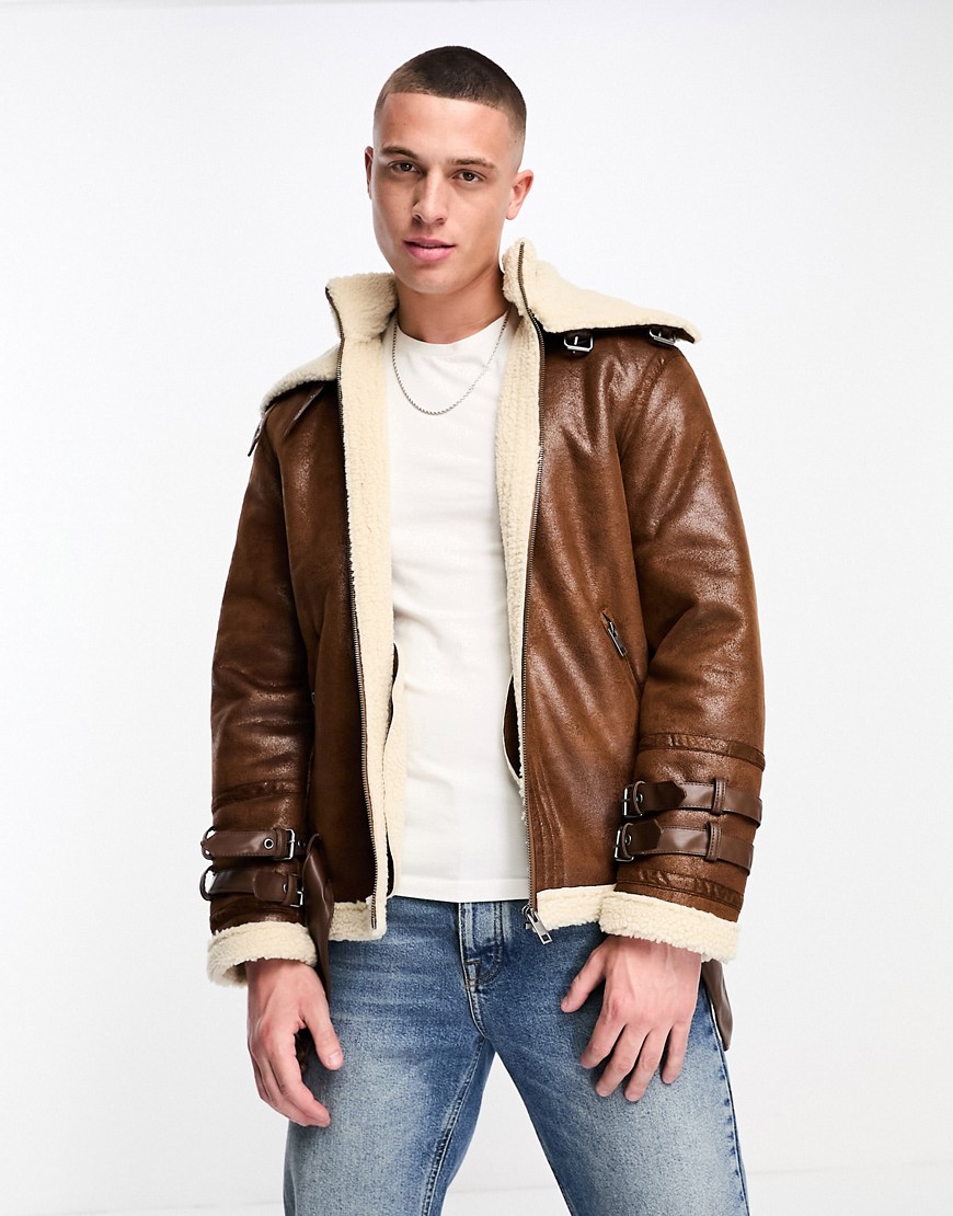 Adpt Faux Shearling Aviator Jacket With Buckle Detail In Tan-brown
