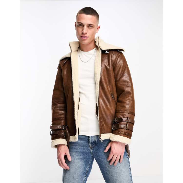 ADPT faux shearling aviator jacket with buckle detail in tan