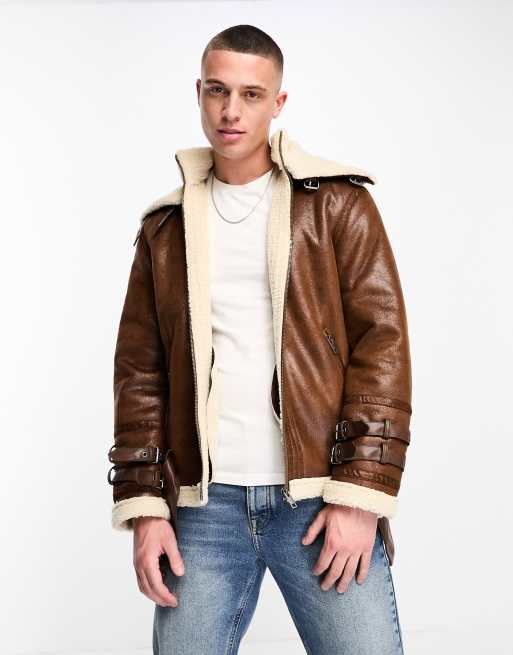 ADPT faux shearling aviator jacket with buckle detail in tan