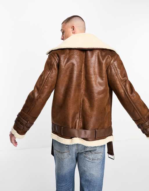 ADPT faux shearling aviator jacket with buckle detail in tan