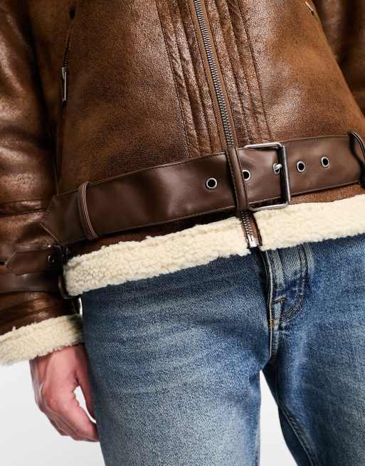 ADPT faux shearling aviator jacket with buckle detail in tan