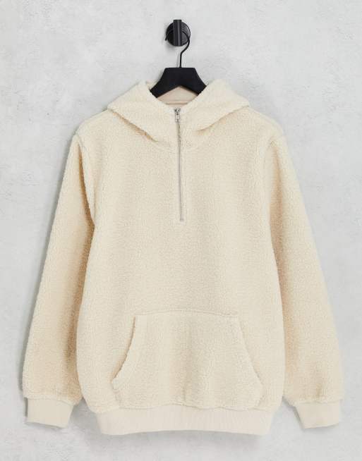 ADPT - Felpa con cappuccio oversize avena effetto peluche con zip corta 