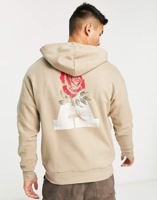 ADPT - Felpa con cappuccio oversize beige slavato con stampa di rosa sul retro 