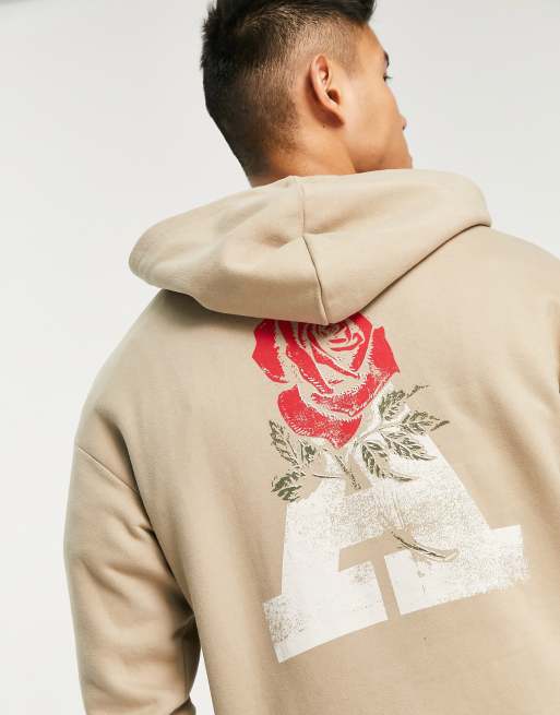 ADPT - Felpa con cappuccio oversize beige slavato con stampa di rosa sul retro , 3 di 4