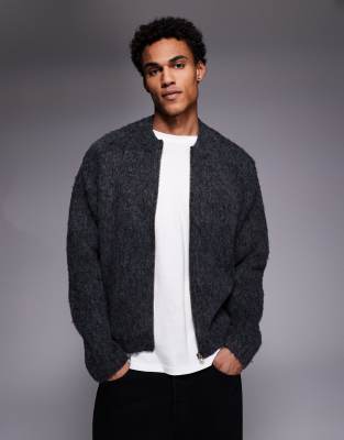 Adpt Fluffy Knit Cardigan With Zip In Black