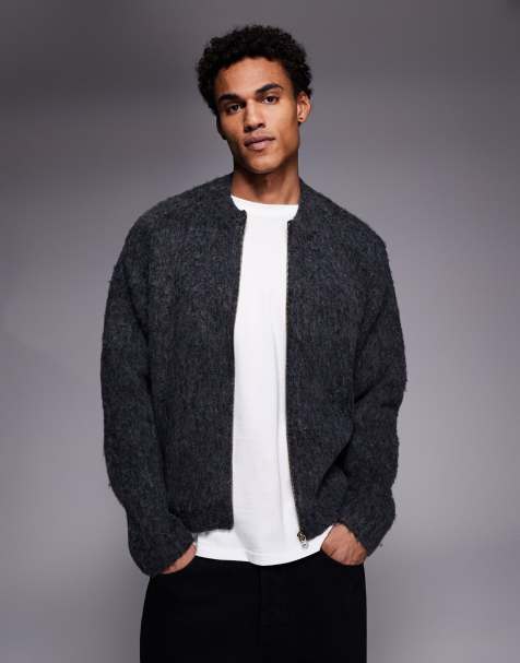 ADPT fluffy knit cardigan with zip in gray - view 1